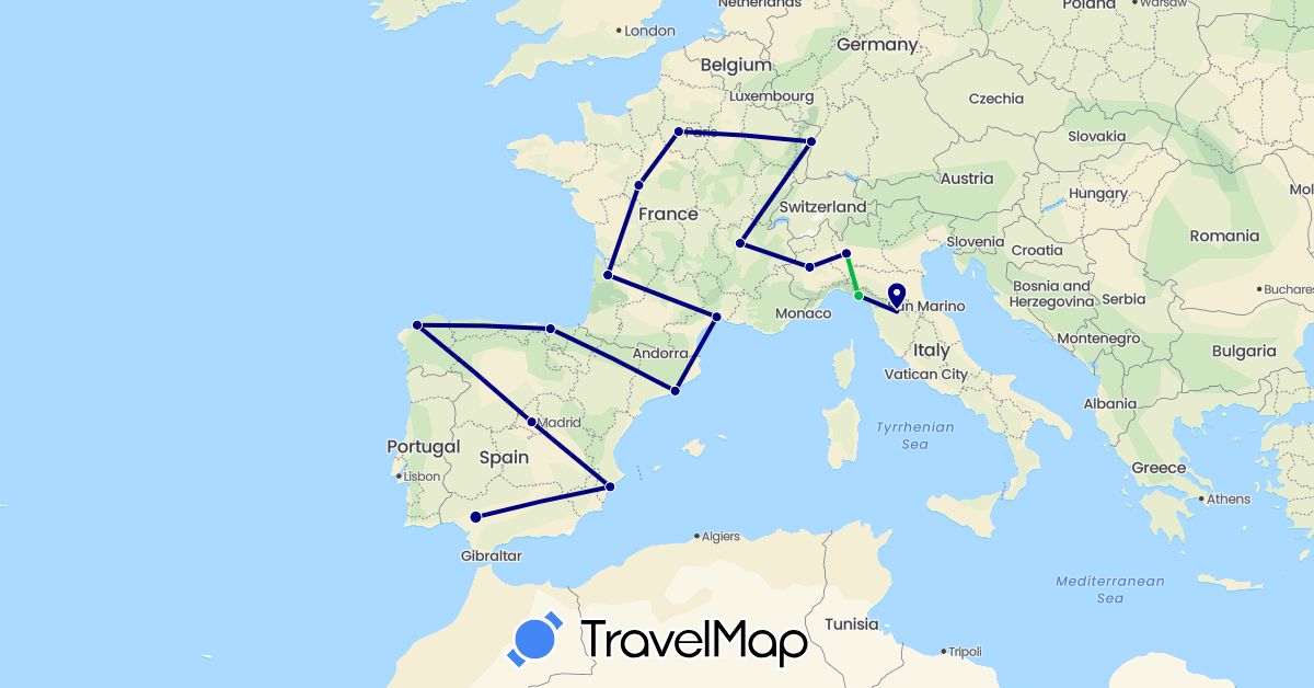 TravelMap itinerary: driving, bus in Spain, France, Italy (Europe)